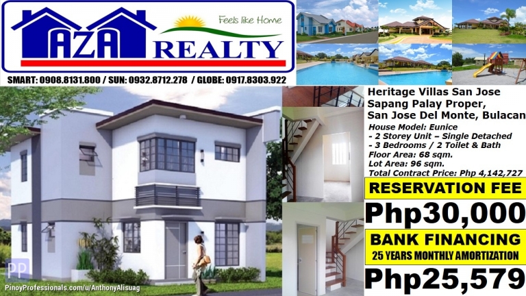 House for Sale - Php 26K/Month Eunice 3BR Single Detached Heritage Villas San Jose Del Monte Bulacan
