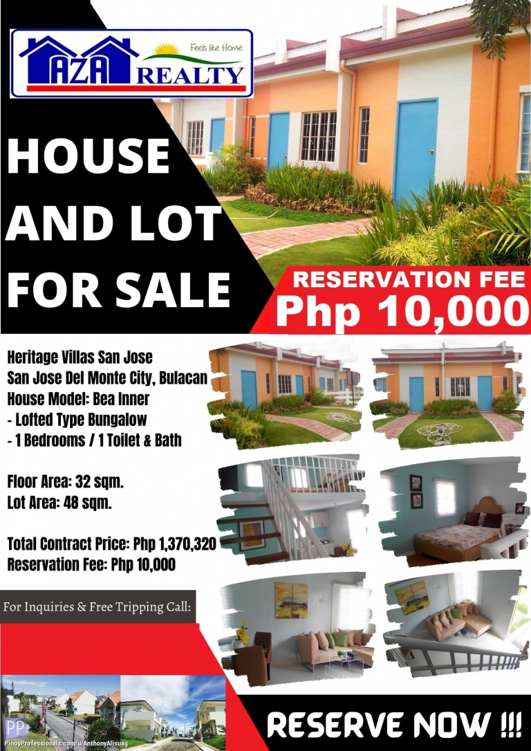House for Sale - BEA 1BR LOFTED BUNGALOW HOUSE AND LOT IN HERITAGE SAN JOSE DEL MONTE CITY BULACAN