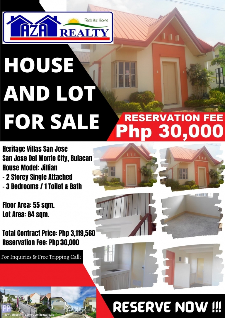 House for Sale - JILLIAN 3BR SINGLE ATTACHED HOUSE AND LOT IN HERITAGE VILLAS SAN JOSE DEL MONTE BULACAN