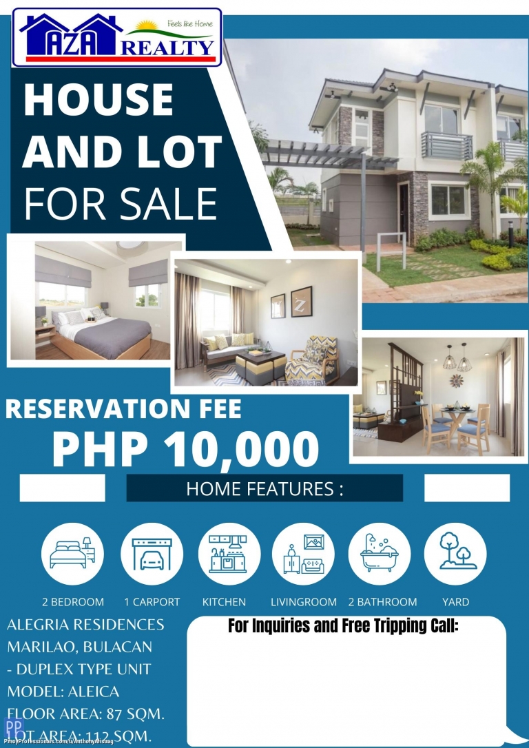 House for Sale - ALEICA 2BR DUPLEX UNIT HOUSE AND LOT IN ALEGRIA RESIDENCE MARILAO BULACAN