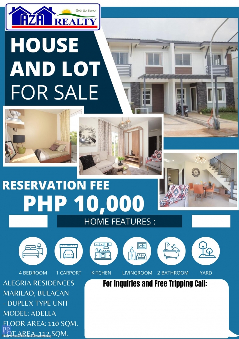 House for Sale - ADELLA 4BR DUPLEX UNIT HOUSE AND LOT IN ALEGRIA RESIDENCE MARILAO BULACAN