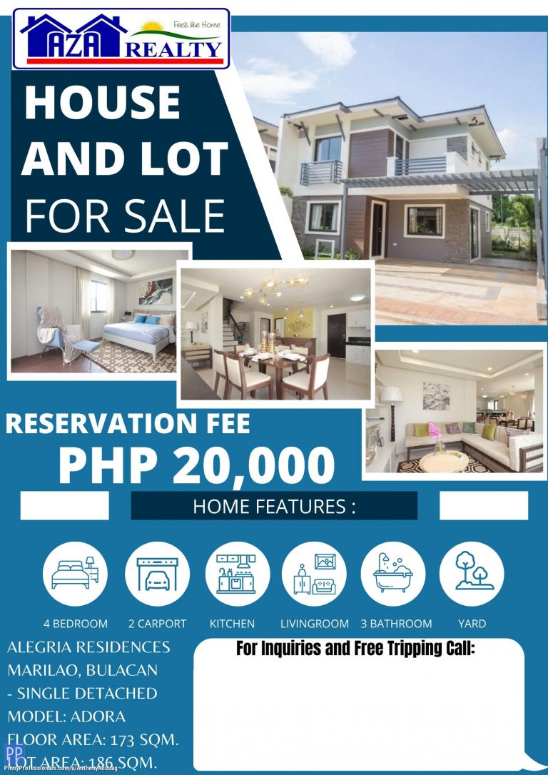 House for Sale - ADORA 4BR SINGLE ATTACHED HOUSE AND LOT IN ALEGRIA RESIDENCE MARILAO BULACAN