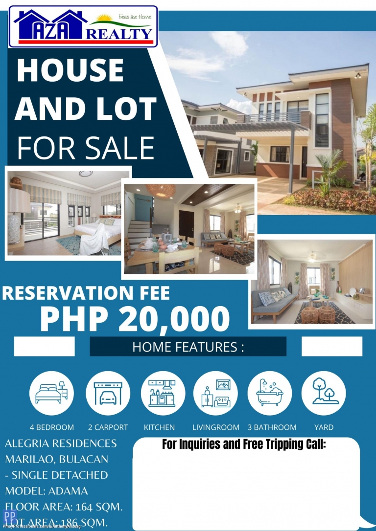 House for Sale - ADAMA 4BR SINGLE DETACHED HOUSE AND LOT IN ALEGRIA RESIDENCE MARILAO BULACAN