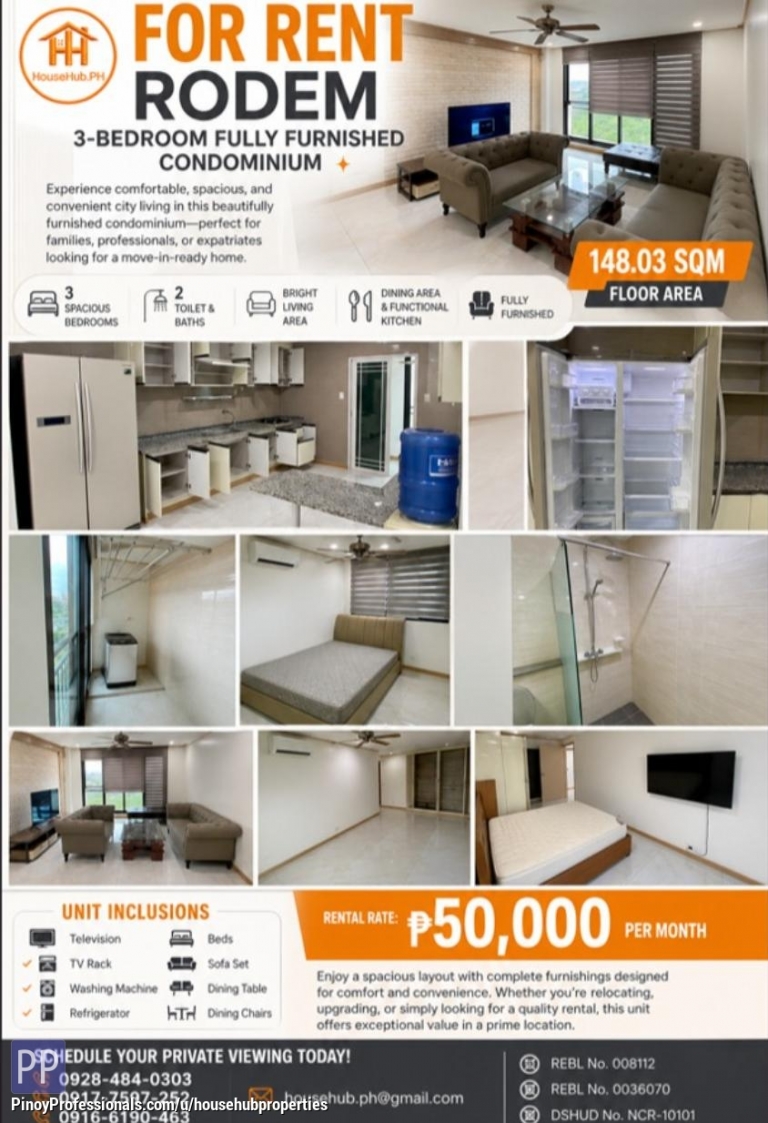 Apartment and Condo for Rent - FOR RENT | RODEM 3-Bedroom Fully Furnished Condominium