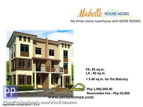 House for Sale - 3 Storey, 4 Br, 3TB, Mabelle Townhouse, Imus Cavite House and Lot, 15 mins to Metro Manila via Cavitex, P1.9M